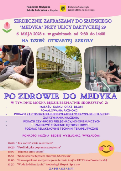 Plakat z zaproszeniem i harmonogramem na dzień otwartej szkoły w Pomorskiej Medycznej Szkole Policealnej w Słupsku „Medyk”